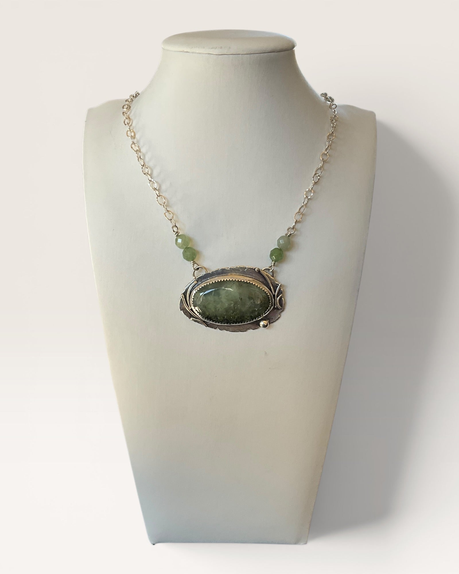 Regina Marie Sterling Silver Prehnite Stone Necklace - Estate Sale (Great Condition)