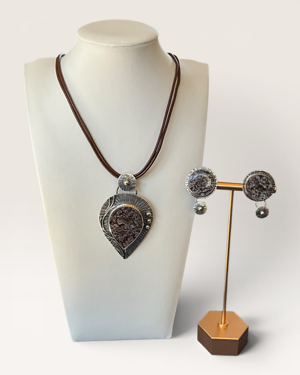 Regina Marie Sterling Silver Taturritella Agate Stone Necklace & Earrings 2-Piece Jewelry Set - Estate Sale (Great Condition)