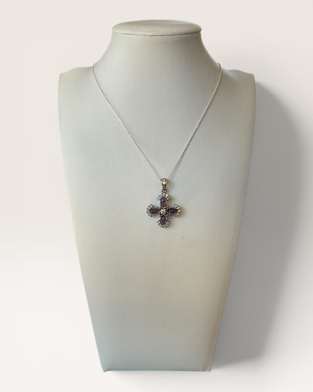 Sterling Silver Amethyst Cross Pendant Necklace - Estate Sale (Great Condition)