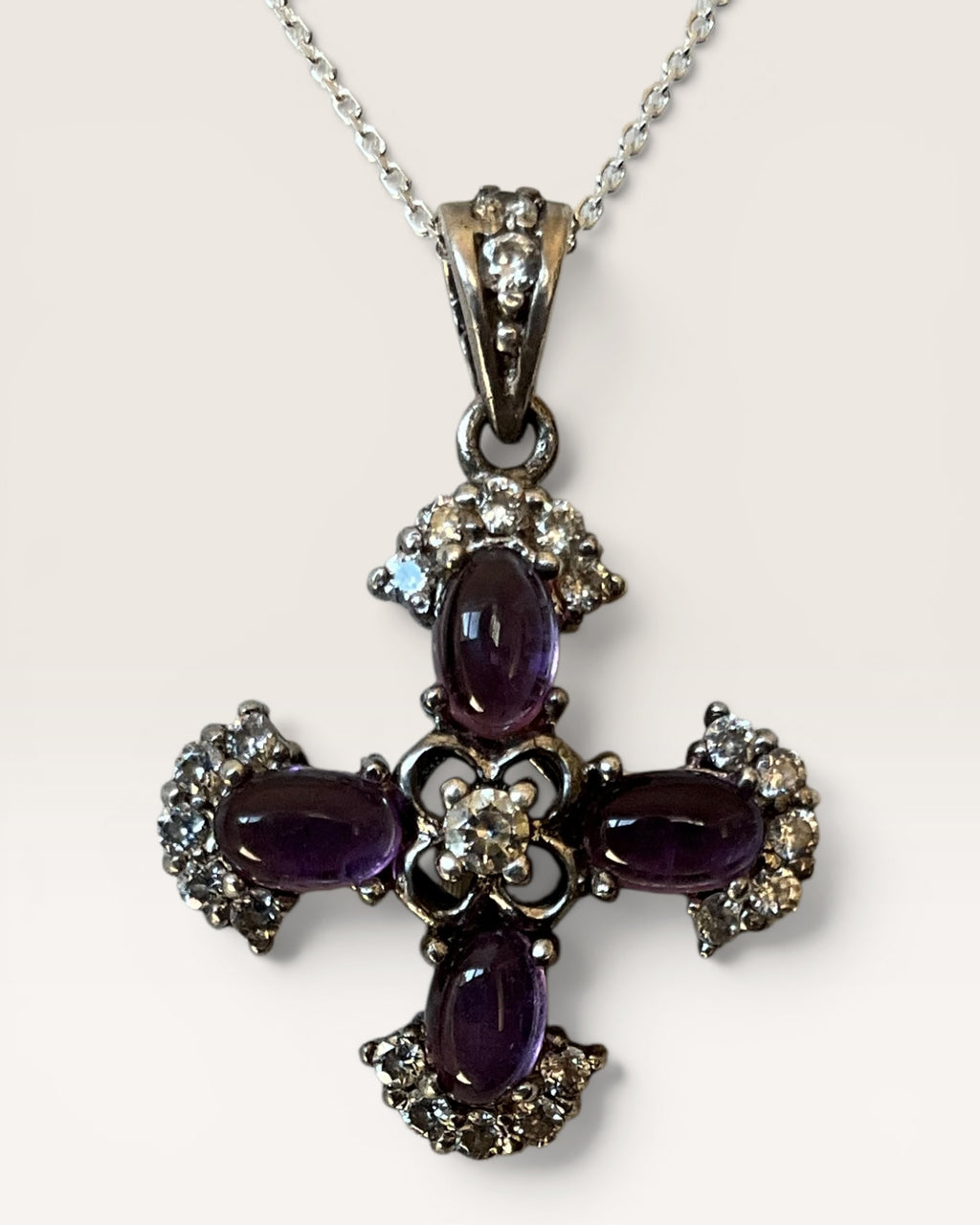Sterling Silver Amethyst Cross Pendant Necklace - Estate Sale (Great Condition)