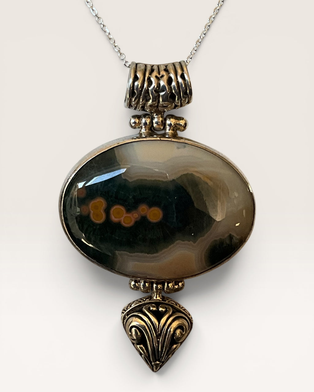 Sterling Silver Ocean Jasper Pendant Necklace - Estate Sale (Great Condition)