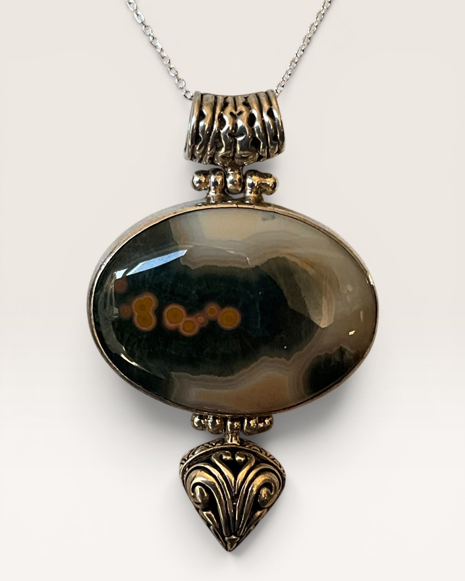 Sterling Silver Ocean Jasper Pendant Necklace - Estate Sale (Great Condition)