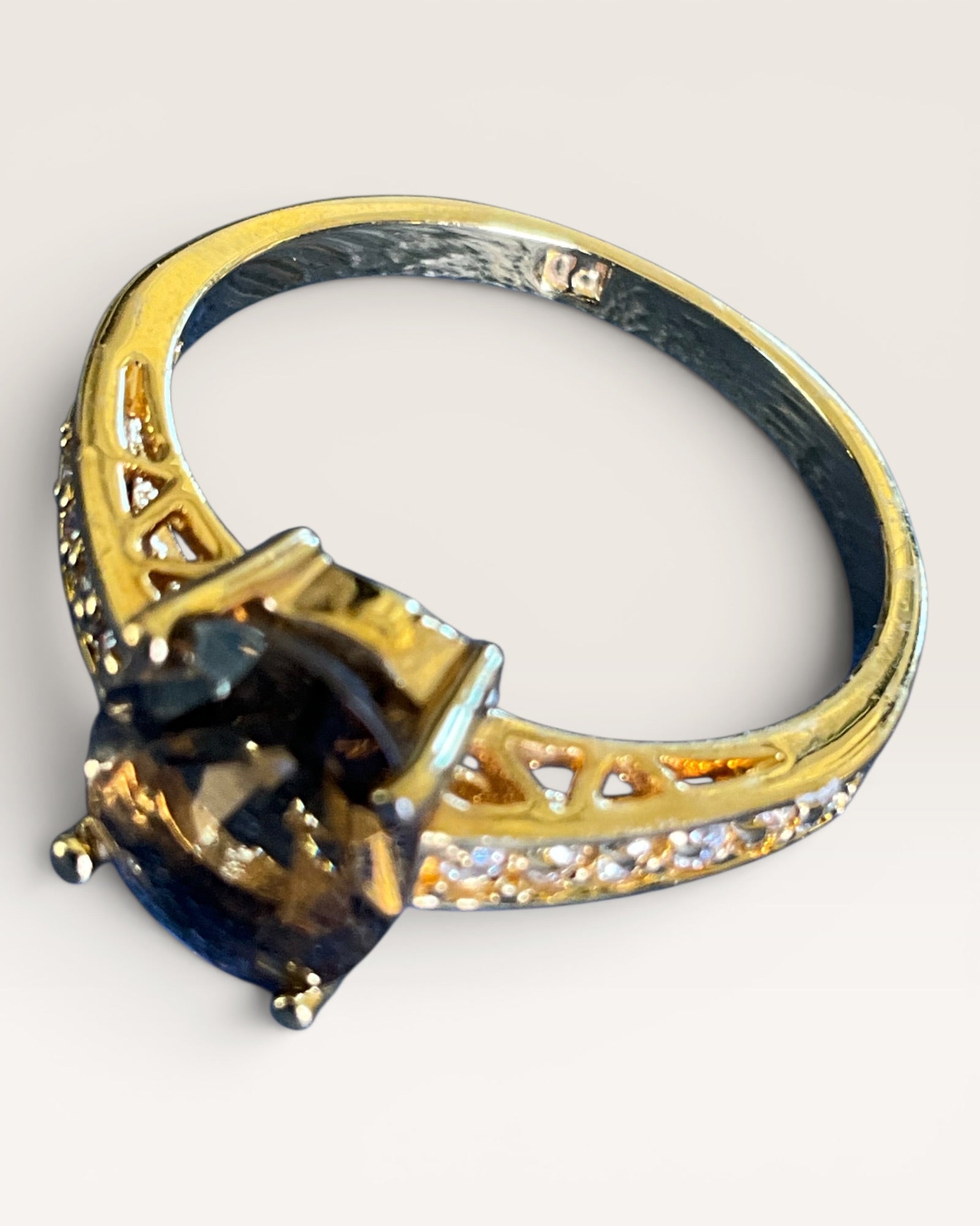 Premier Design Smoky Quartz & Gold-Tone Pave Ring - Estate Sale (Great Condition)