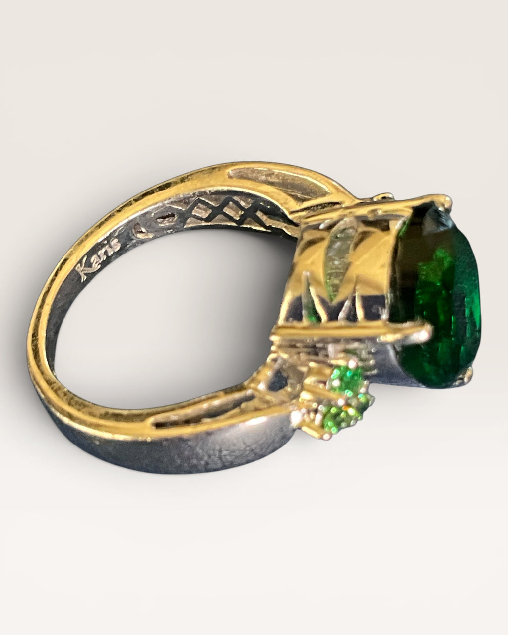 Karis Stainless Emerald Look Pear Shaped Statement Ring - Estate Sale (Great Condition)
