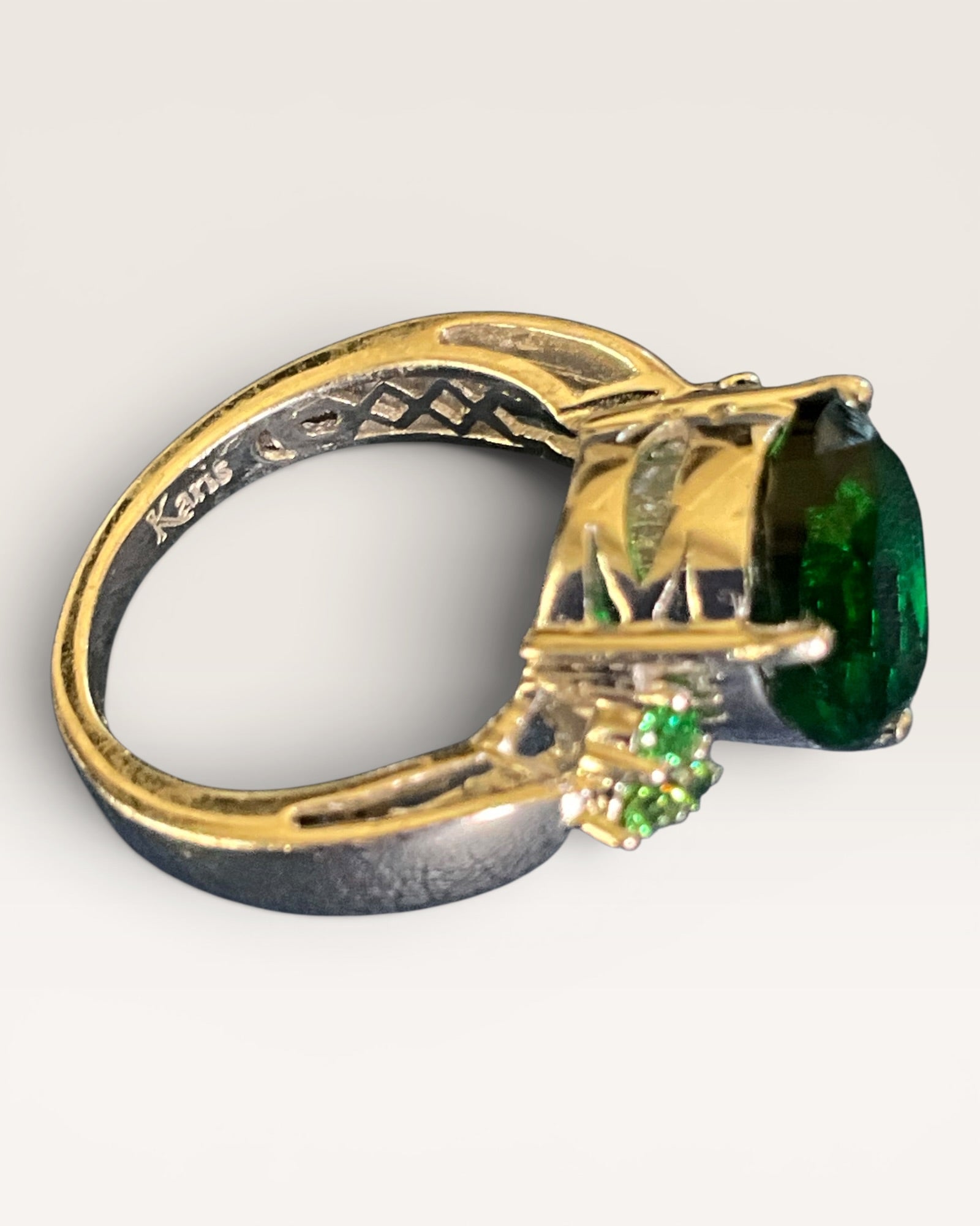 Karis Stainless Emerald Look Pear Shaped Statement Ring - Estate Sale (Great Condition)