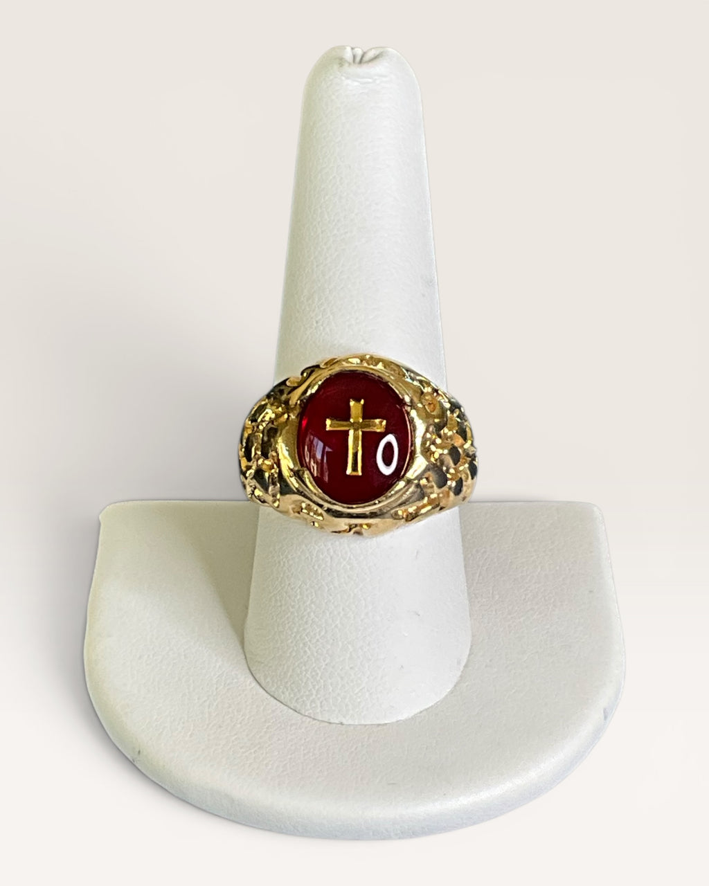 18K Gold Electroplate Vintage Ruby Glass Christian Religious Ring with Golden Nugget Style Band - Estate Sale (Great Condition)