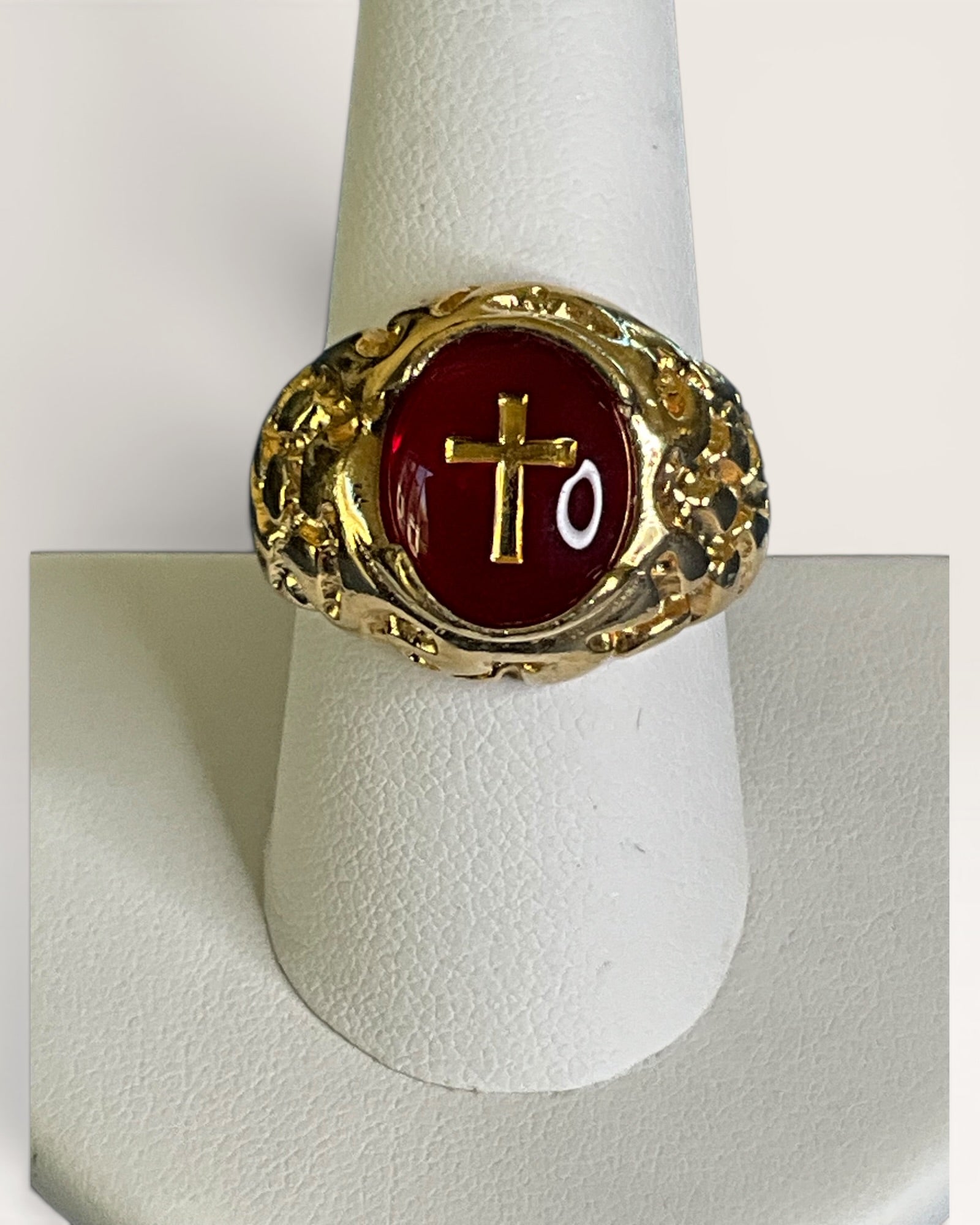 18K Gold Electroplate Vintage Ruby Glass Christian Religious Ring with Golden Nugget Style Band - Estate Sale (Great Condition)
