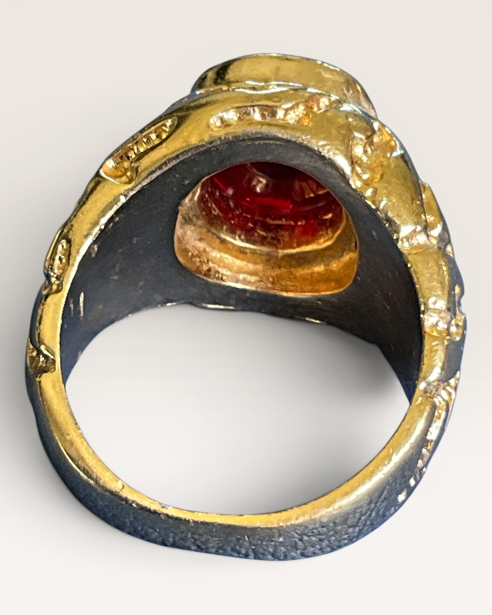 18K Gold Electroplate Vintage Ruby Glass Christian Religious Ring with Golden Nugget Style Band - Estate Sale (Great Condition)