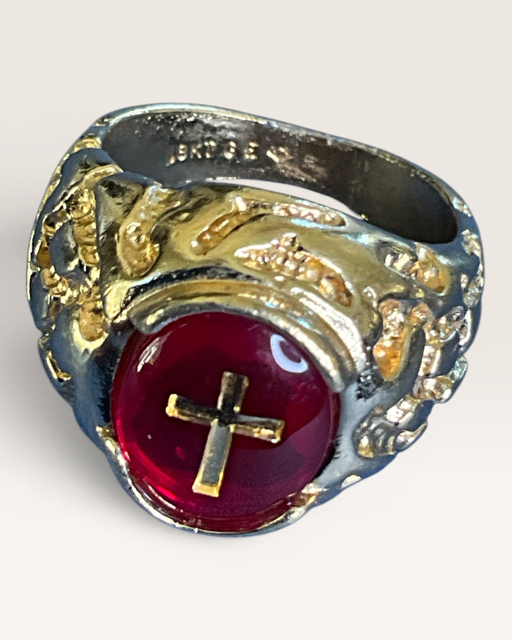 18K Gold Electroplate Vintage Ruby Glass Christian Religious Ring with Golden Nugget Style Band - Estate Sale (Great Condition)