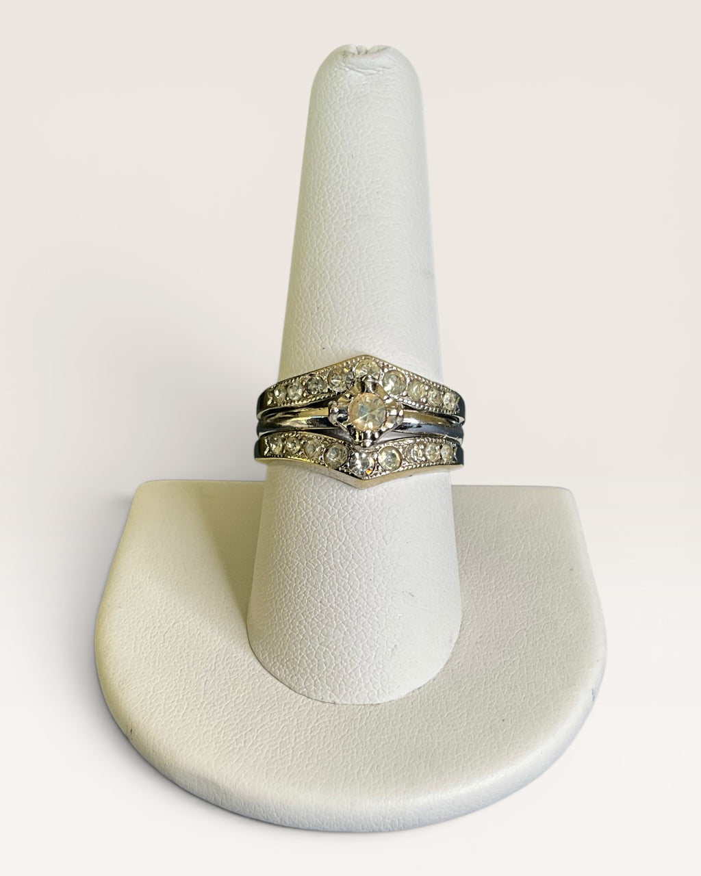 18K Gold Electroplate Madira Silver Band Double Row Cubic Zirconia Ring - Estate Sale (Great Condition)