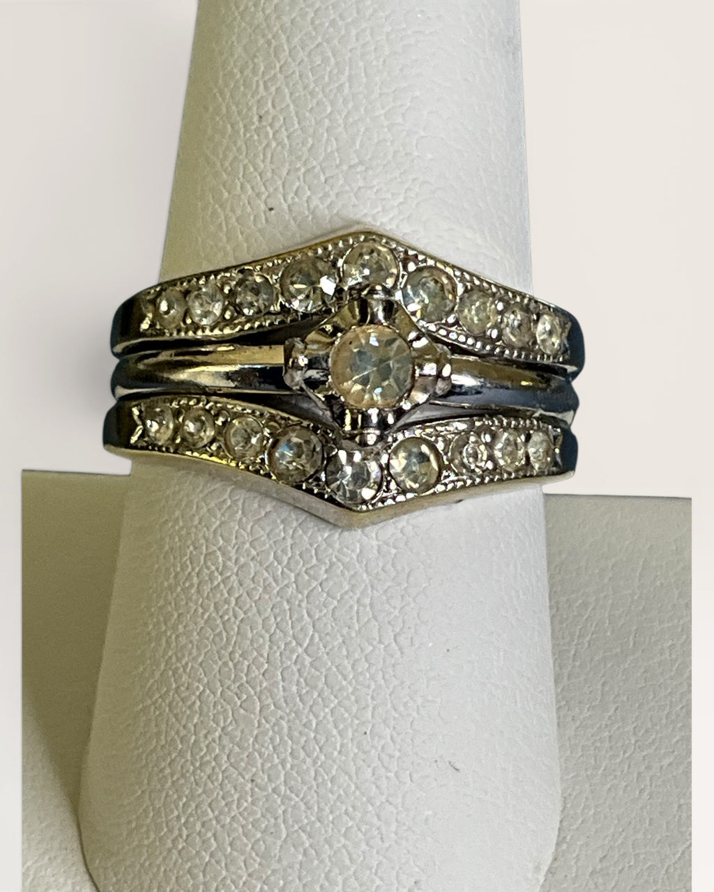 18K Gold Electroplate Madira Silver Band Double Row Cubic Zirconia Ring - Estate Sale (Great Condition)