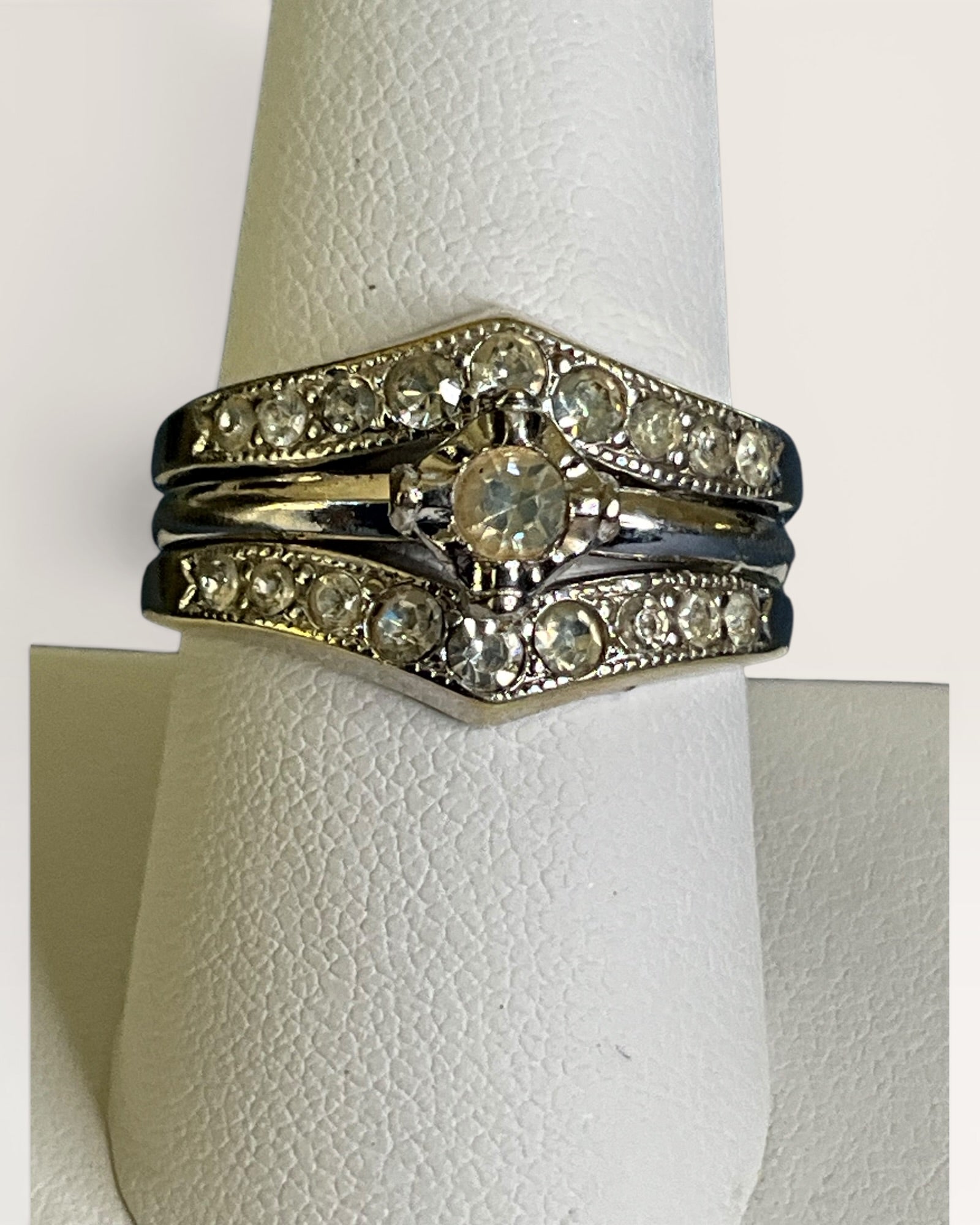 18K Gold Electroplate Madira Silver Band Double Row Cubic Zirconia Ring - Estate Sale (Great Condition)