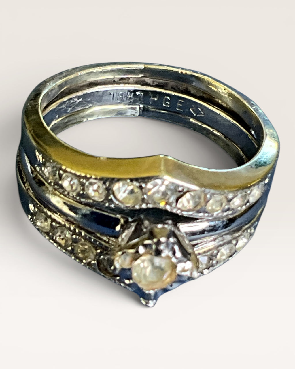 18K Gold Electroplate Madira Silver Band Double Row Cubic Zirconia Ring - Estate Sale (Great Condition)