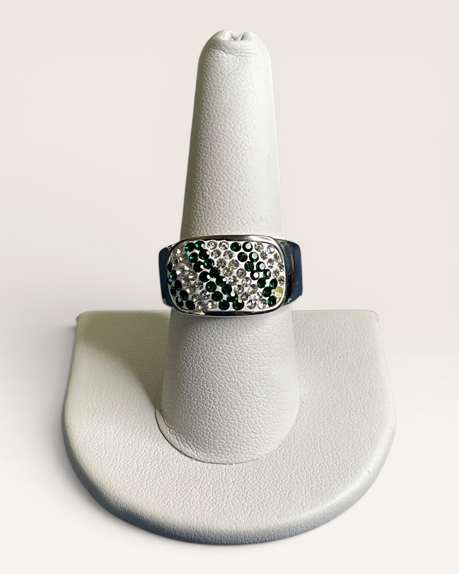 Designer Inspired Heavy Silver-Tone Green Crystal Statement Ring - Estate Sale (Great Condition)