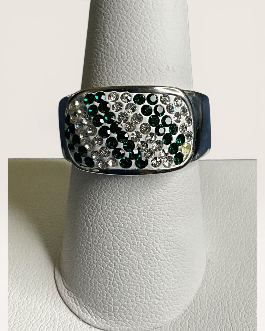 Designer Inspired Heavy Silver-Tone Green Crystal Statement Ring - Estate Sale (Great Condition)