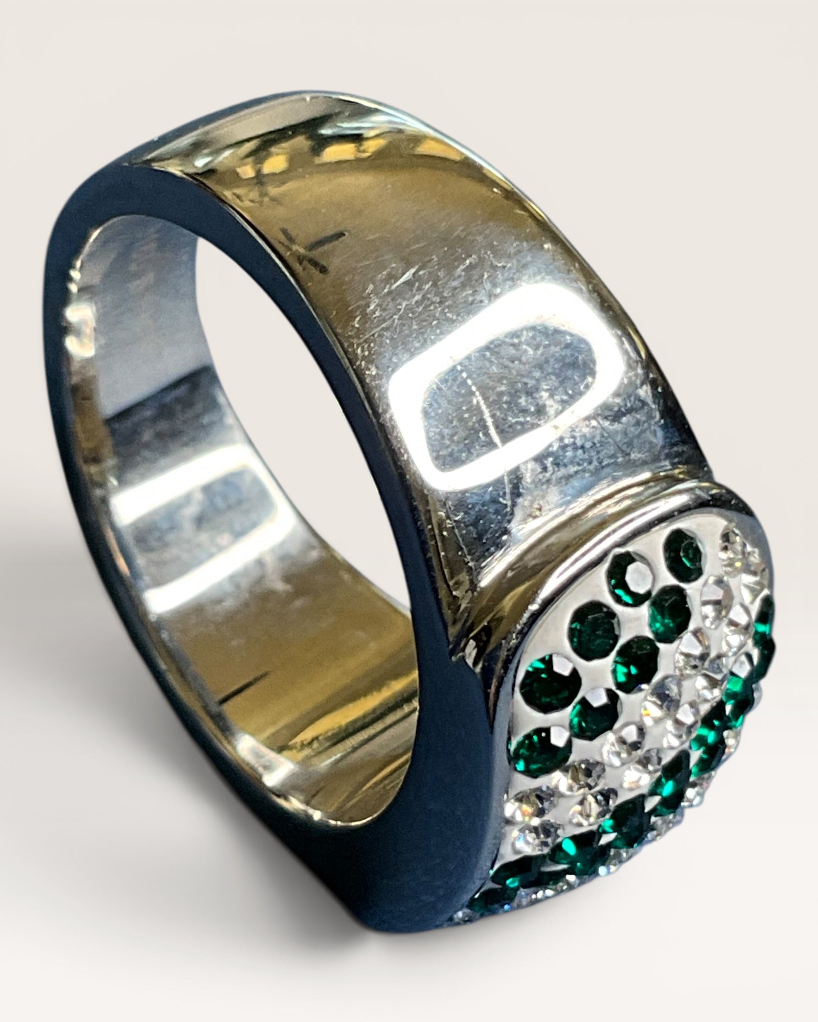 Designer Inspired Heavy Silver-Tone Green Crystal Statement Ring - Estate Sale (Great Condition)