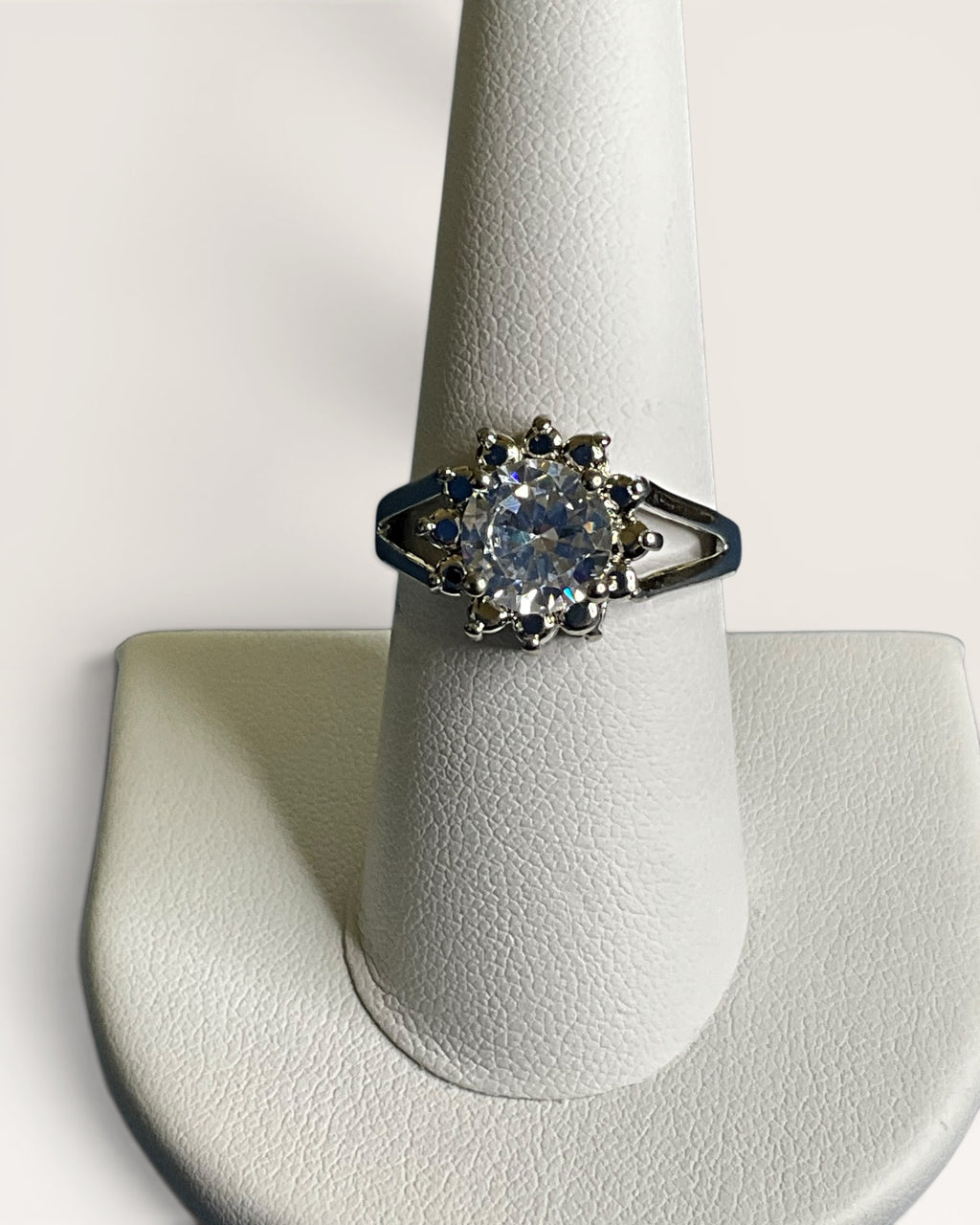 Vintage Inspired Halo Solitaire Silver-Tone Diamond Look Statement Ring - Estate Sale (Great Condition)