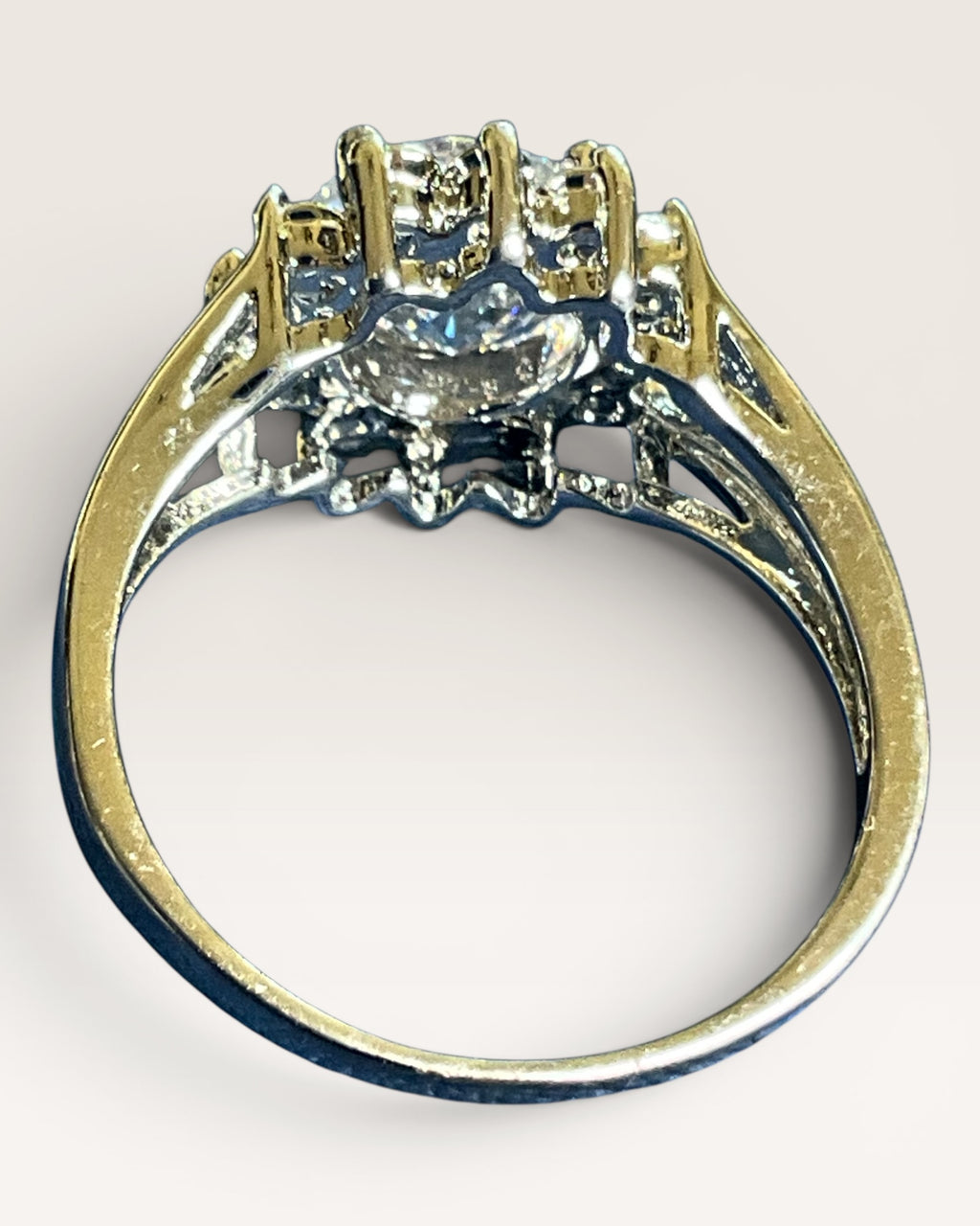 Vintage Inspired Halo Solitaire Silver-Tone Diamond Look Statement Ring - Estate Sale (Great Condition)