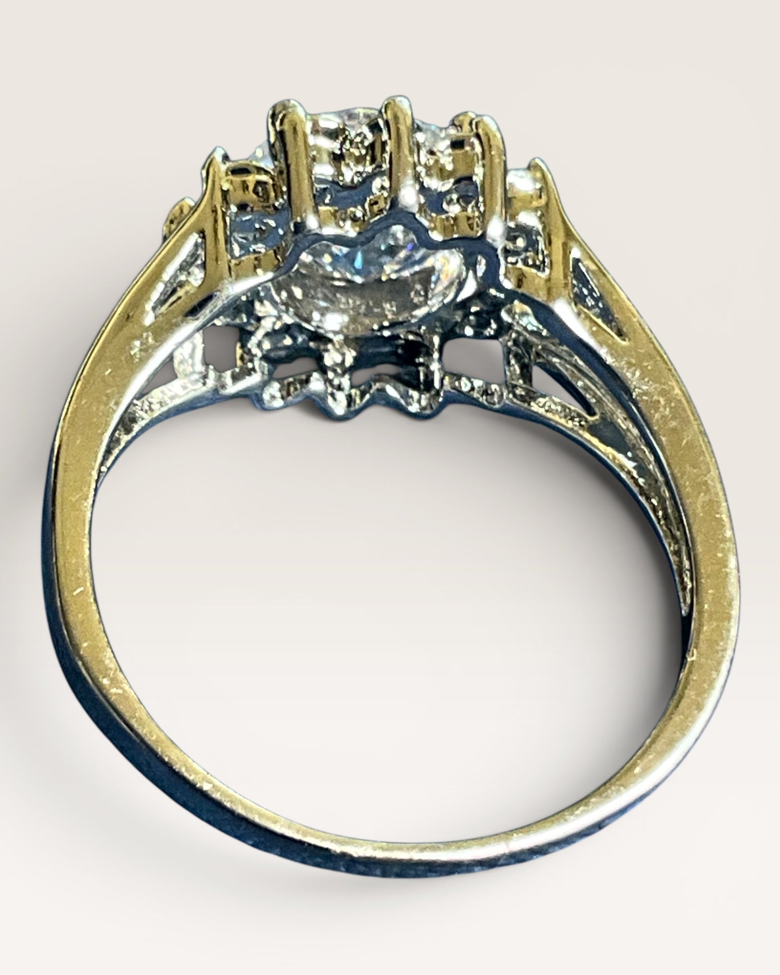 Vintage Inspired Halo Solitaire Silver-Tone Diamond Look Statement Ring - Estate Sale (Great Condition)