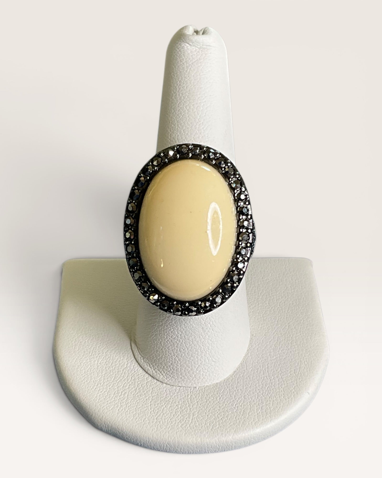 Vintage Inspired Ivory Cabochon & Marcasite Gunmetal Halo Cocktail Ring - Estate Sale (Great Condition)