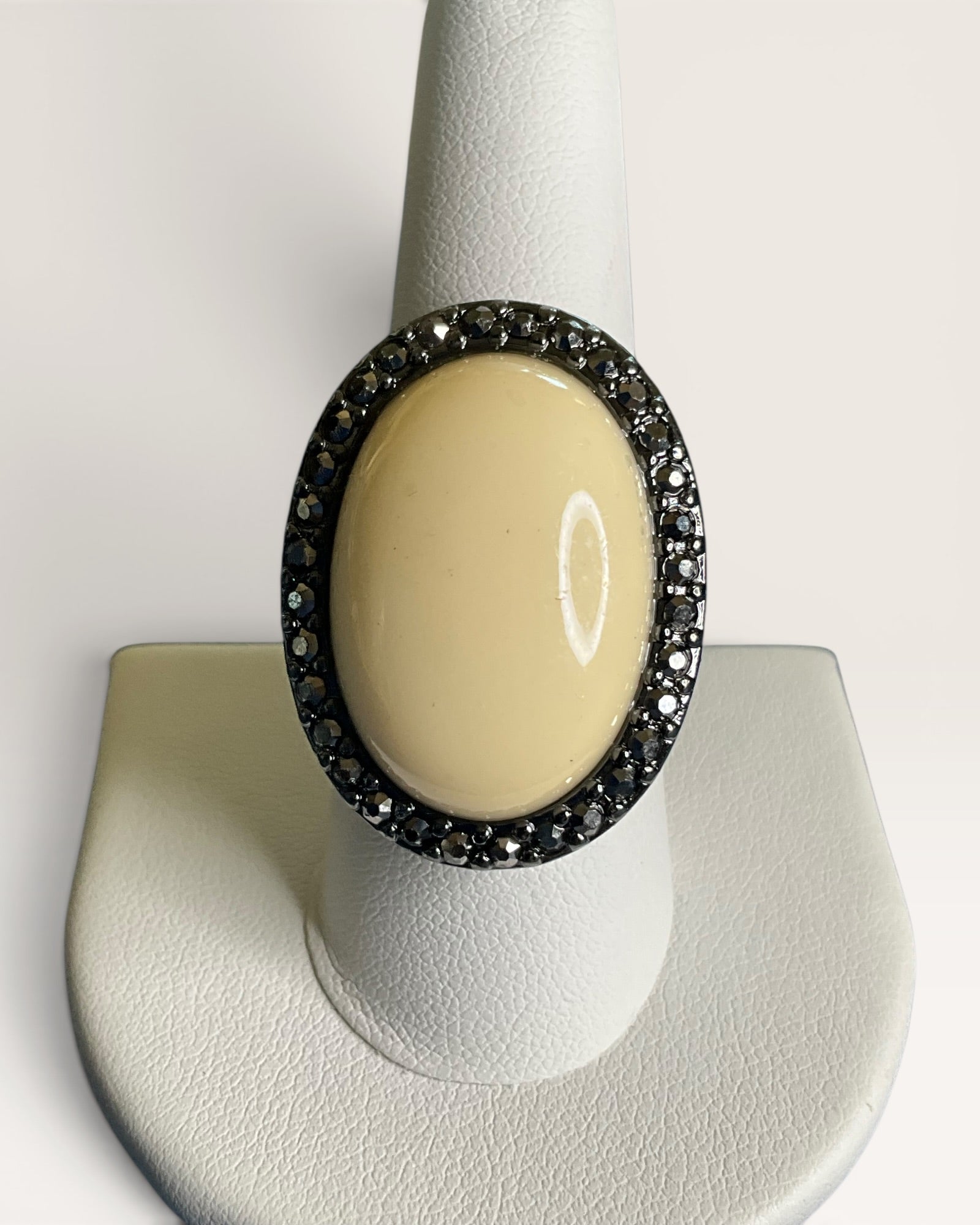 Vintage Inspired Ivory Cabochon & Marcasite Gunmetal Halo Cocktail Ring - Estate Sale (Great Condition)