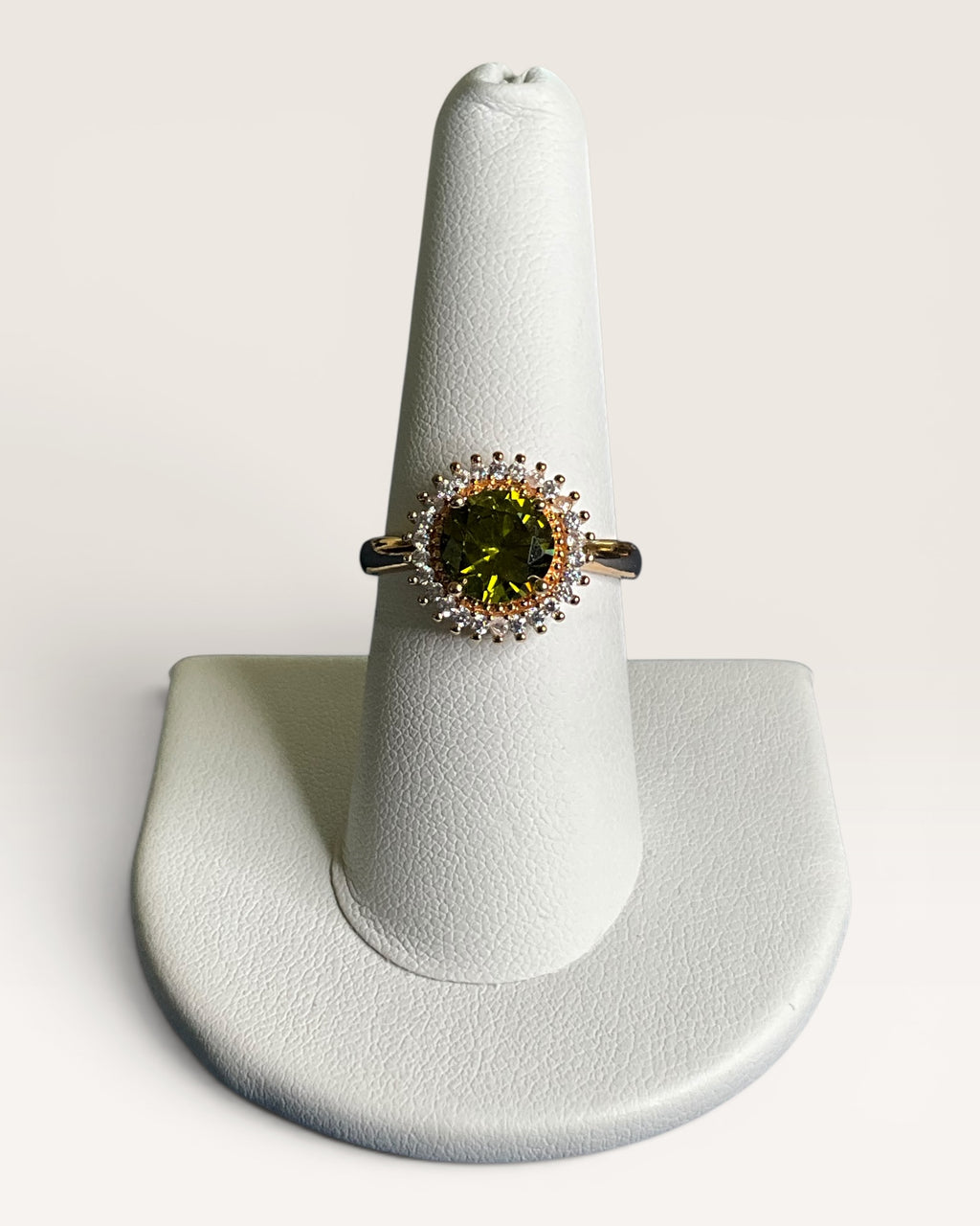Olive Green Halo Statement Ring with Clear Cubic Zirconia Accents - Estate Sale (Great Condition)