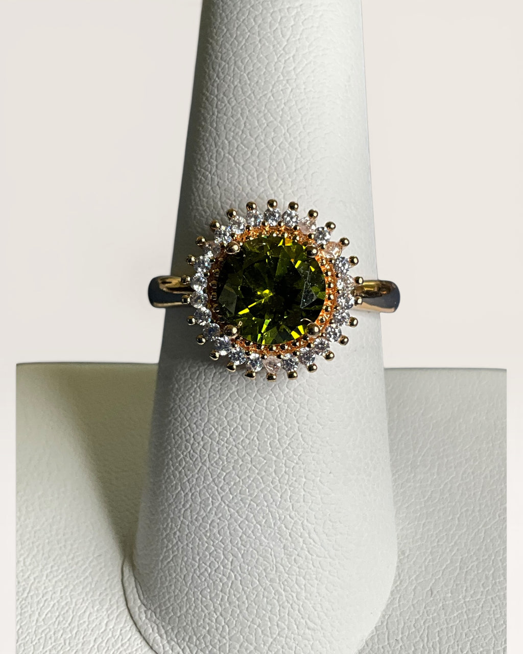 Olive Green Halo Statement Ring with Clear Cubic Zirconia Accents - Estate Sale (Great Condition)