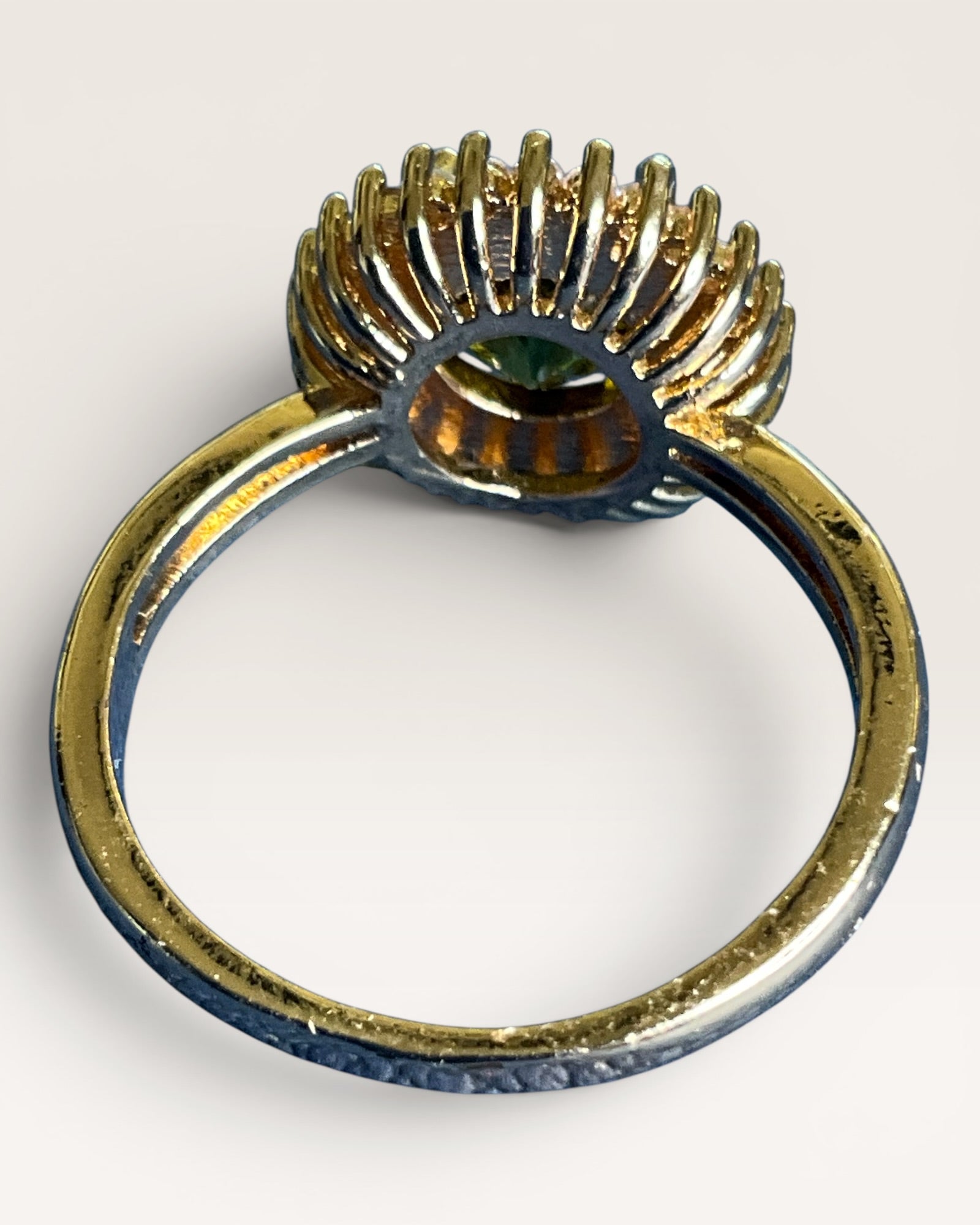 Olive Green Halo Statement Ring with Clear Cubic Zirconia Accents - Estate Sale (Great Condition)