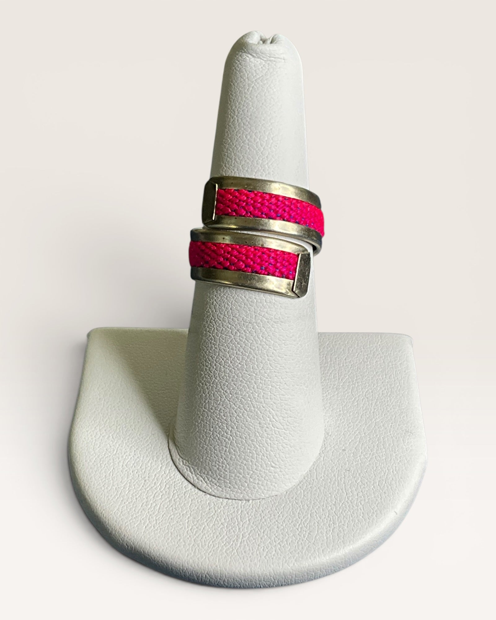 Modern Mixed Media Hot Pink Cord & Silver-Tone Ring - Estate Sale (Great Condition)