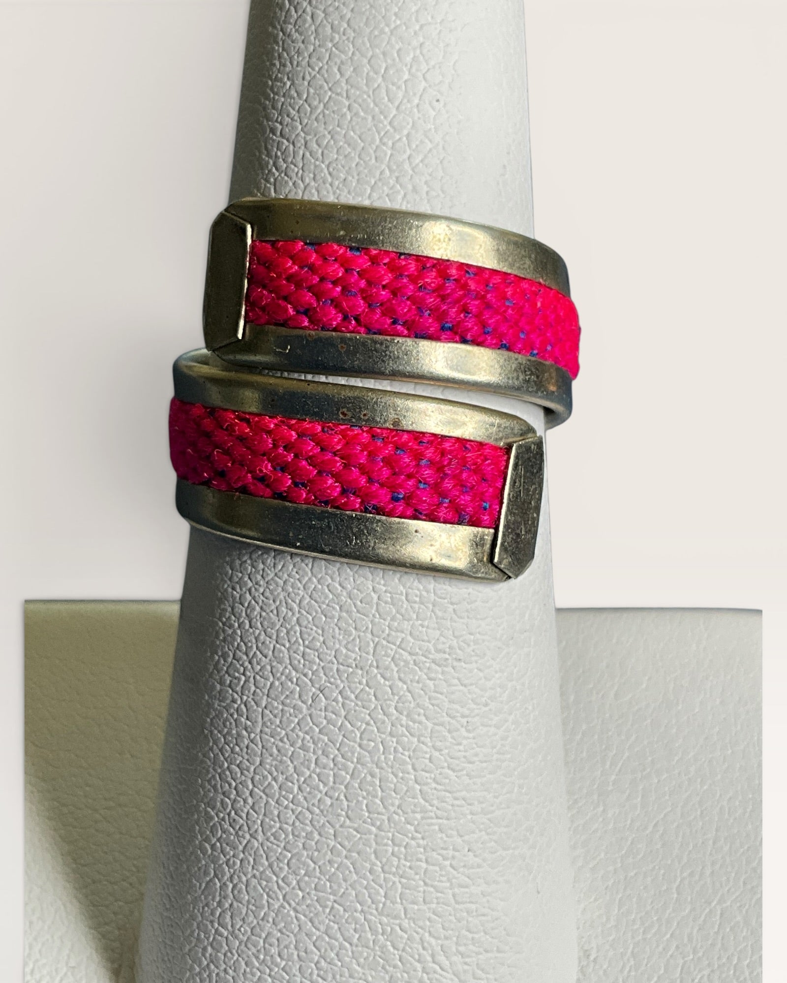 Modern Mixed Media Hot Pink Cord & Silver-Tone Ring - Estate Sale (Great Condition)