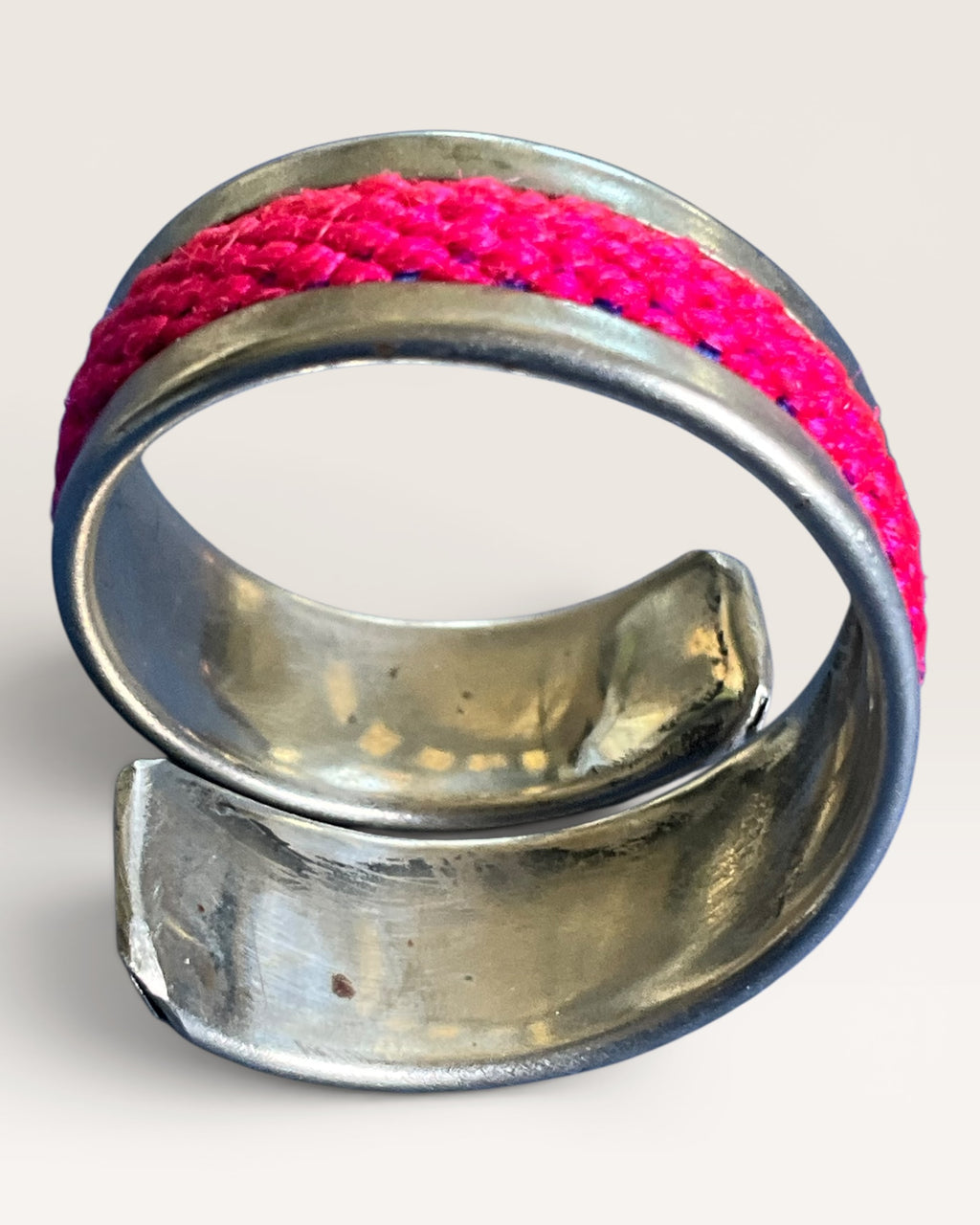 Modern Mixed Media Hot Pink Cord & Silver-Tone Ring - Estate Sale (Great Condition)