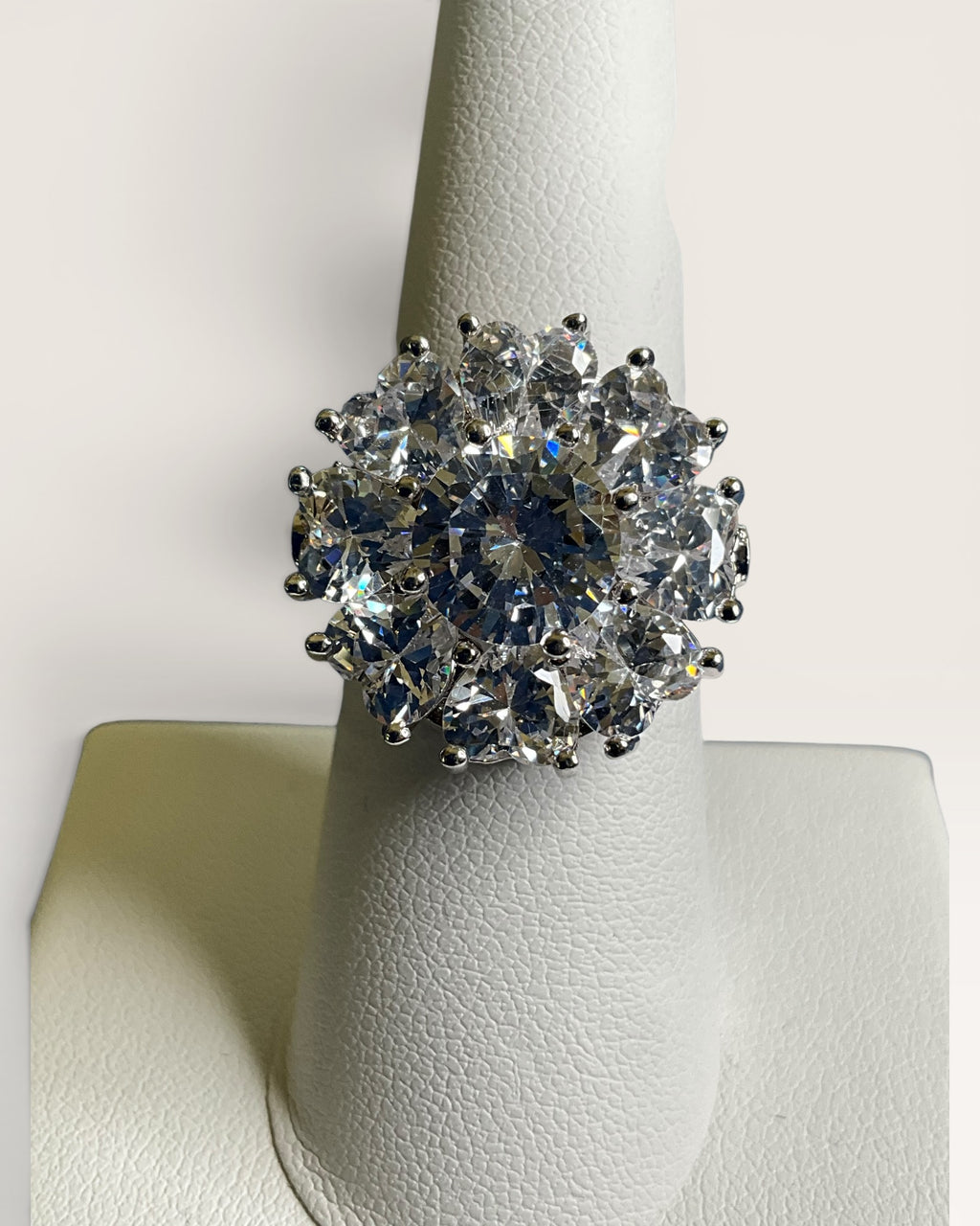Statement Halo Cluster Ring | Diamond Look Sparkling Cocktail Ring in White Tone - Estate Sale (Great Condition)