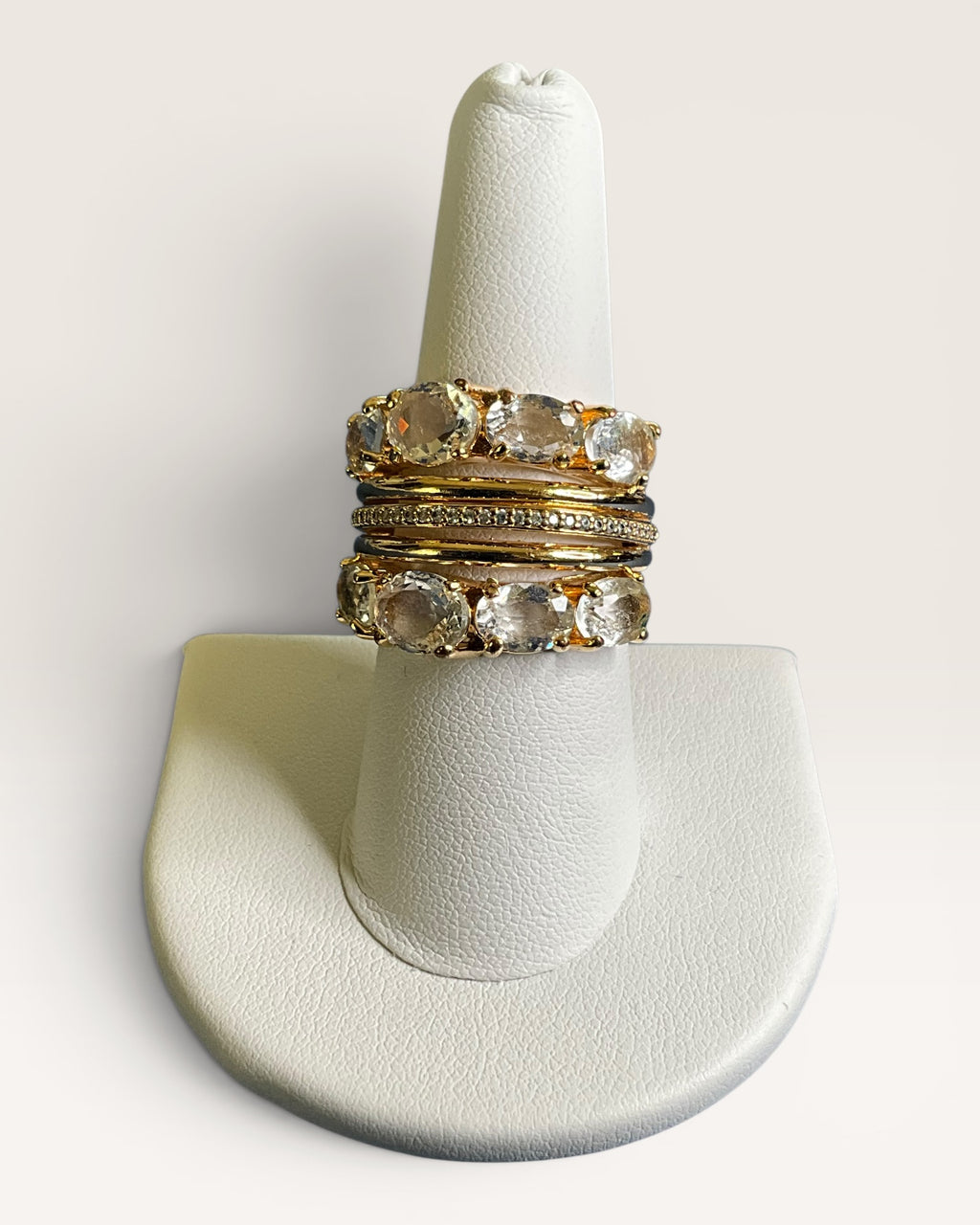 Gold Tone Multi Band with Oval Crystals Statement Ring - Estate Sale (Great Condition)
