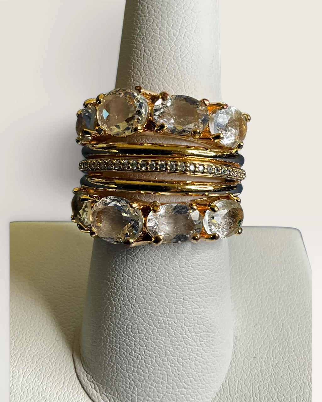 Gold Tone Multi Band with Oval Crystals Statement Ring - Estate Sale (Great Condition)