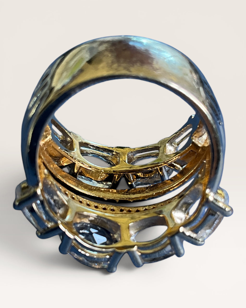Gold Tone Multi Band with Oval Crystals Statement Ring - Estate Sale (Great Condition)