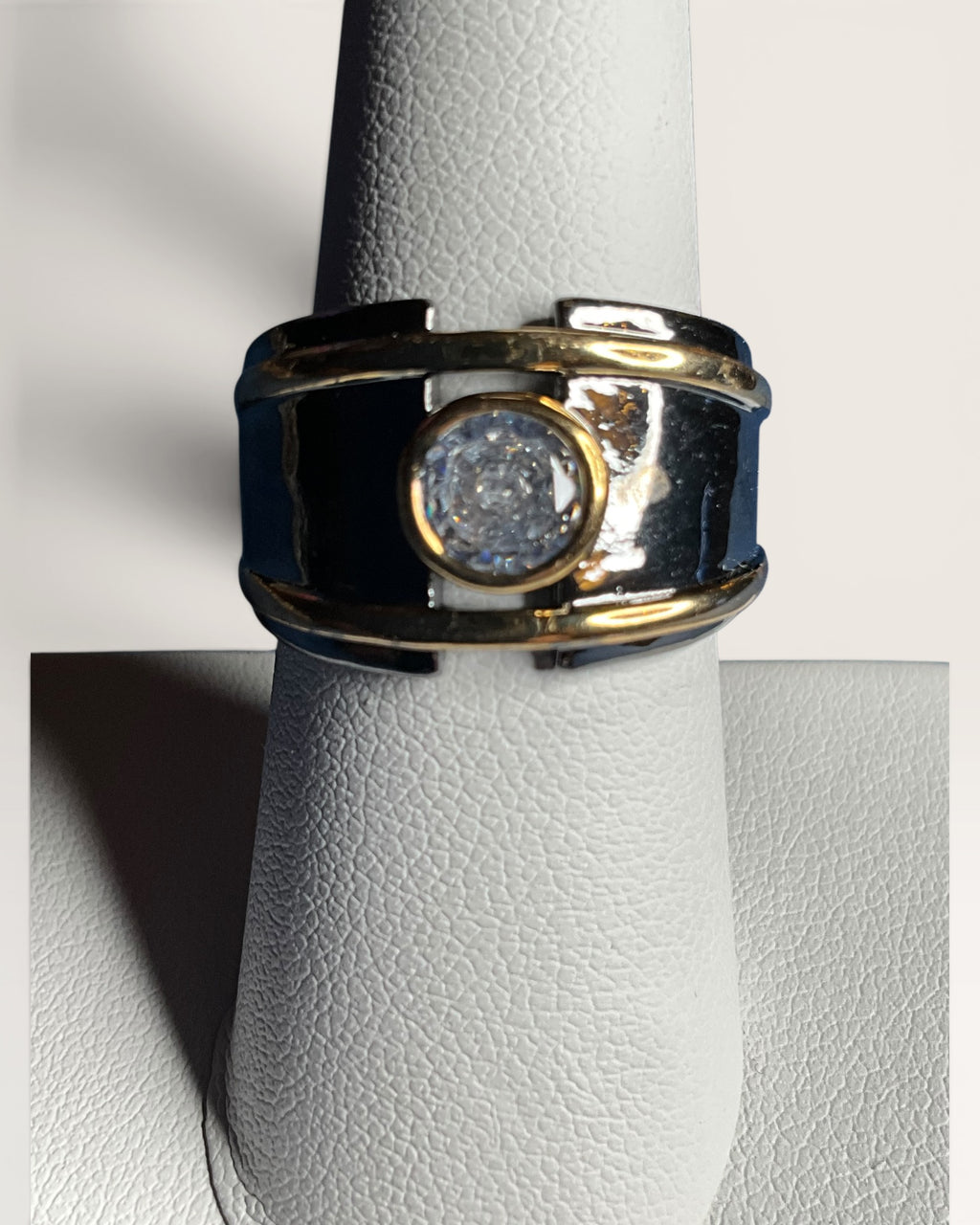 Designer Inspired Black Enamel & Gold-Tone CZ Cigar Band Statement Ring - Estate Sale (Great Condition)