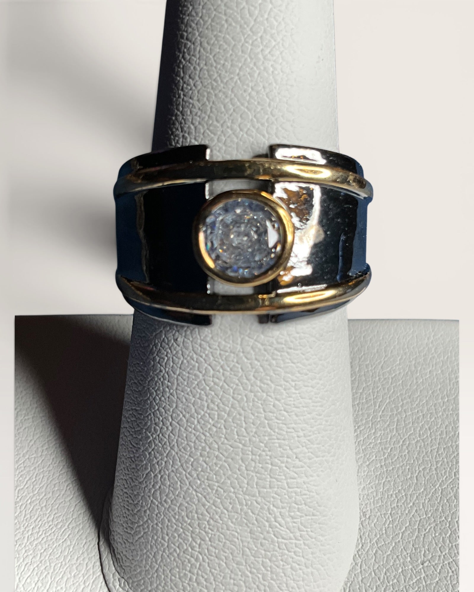 Designer Inspired Black Enamel & Gold-Tone CZ Cigar Band Statement Ring - Estate Sale (Great Condition)