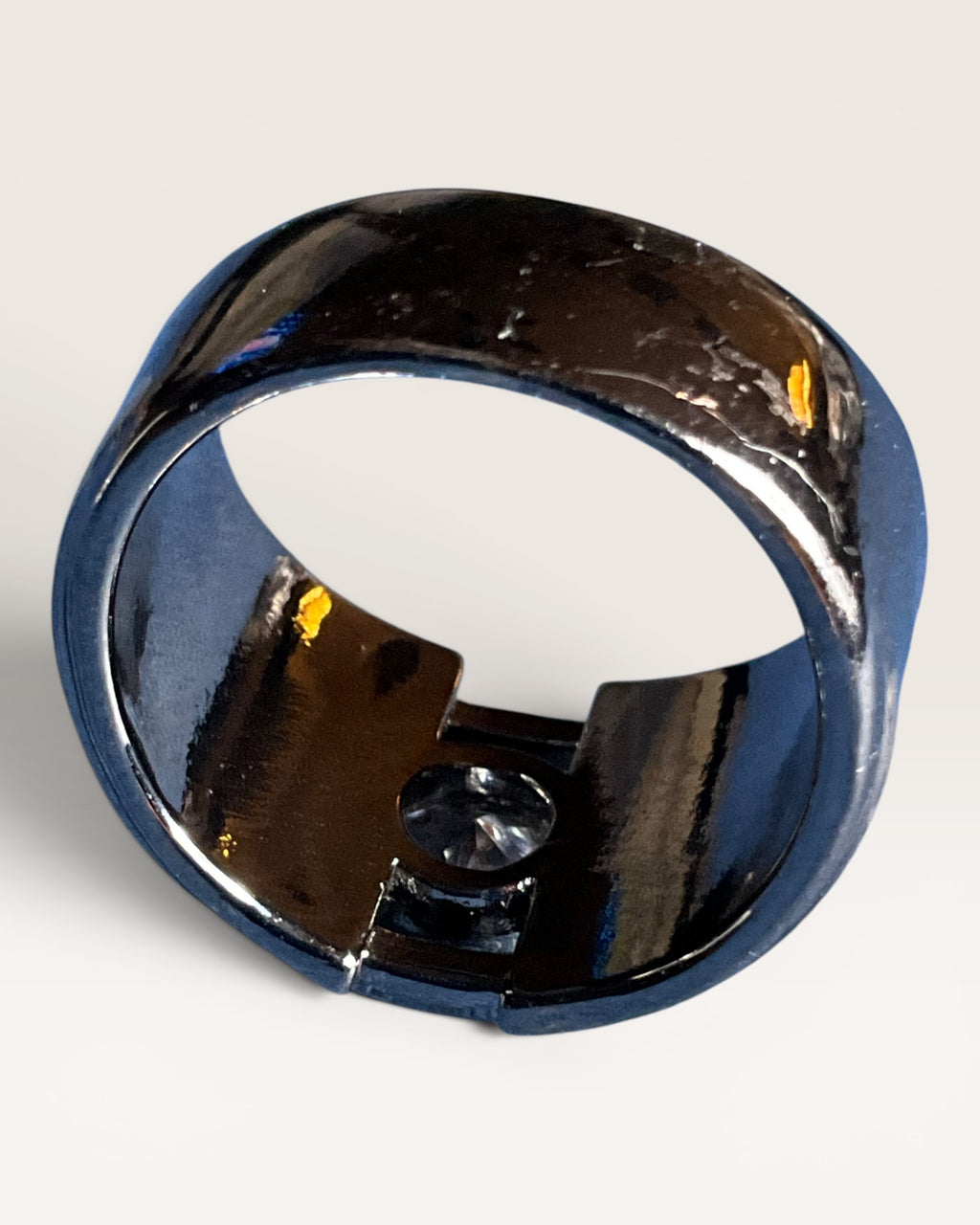 Designer Inspired Black Enamel & Gold-Tone CZ Cigar Band Statement Ring - Estate Sale (Great Condition)