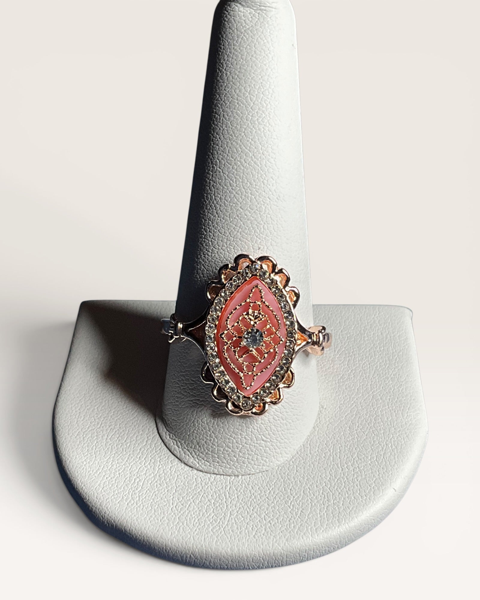 Rose Gold-Tone Pink Enamel Floral Ring | Vintage Inspired Crystal Statement Ring - Estate Sale (Great Condition)