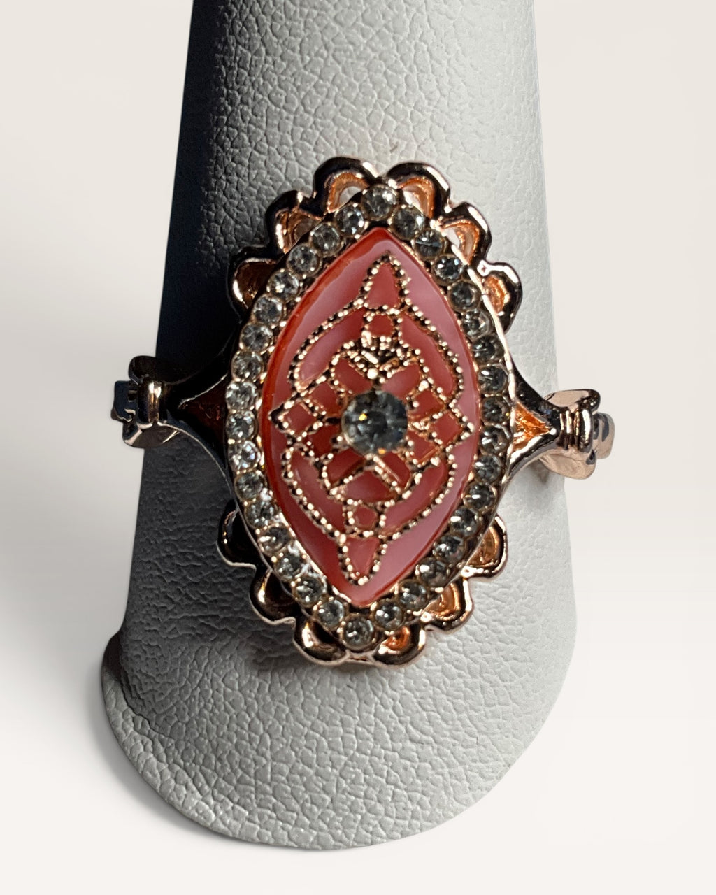 Rose Gold-Tone Pink Enamel Floral Ring | Vintage Inspired Crystal Statement Ring - Estate Sale (Great Condition)