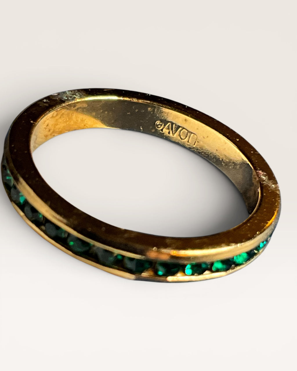 Vintage Avon Green Rhinestone & Gold-Tone Eternity Band Stackable Ring - Estate Sale (Great Contition)