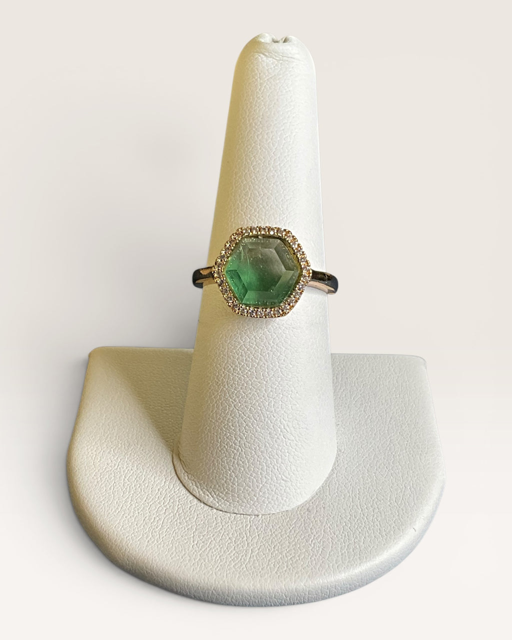 Joy Draveky Chloe with Hexagon Shaped Ombre Green (changing color) Stone Surrounded by Pave Cubic Zirconia Ring - Estate Sale (Great Condition)