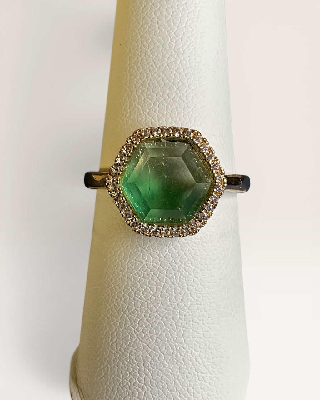 Joy Draveky Chloe with Hexagon Shaped Ombre Green (changing color) Stone Surrounded by Pave Cubic Zirconia Ring - Estate Sale (Great Condition)
