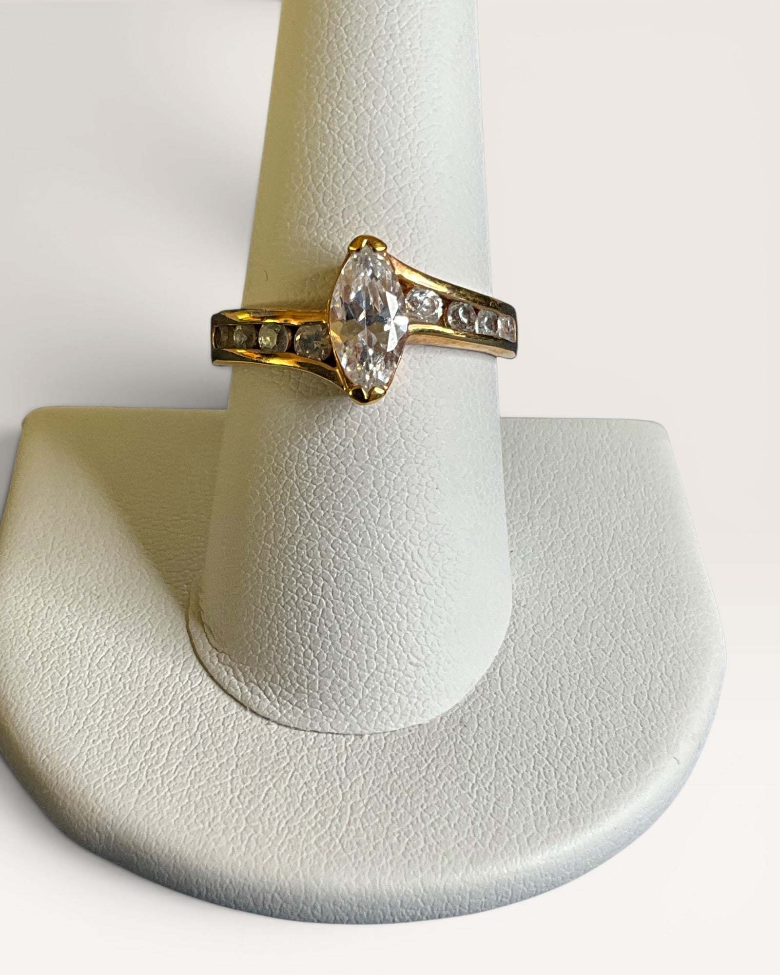 Vintage Avon Marquis Cut Center Stone Set in Gold Tone with Channel Set Cubic Zirconia Accents Ring - Estate Sale (Great Condition)