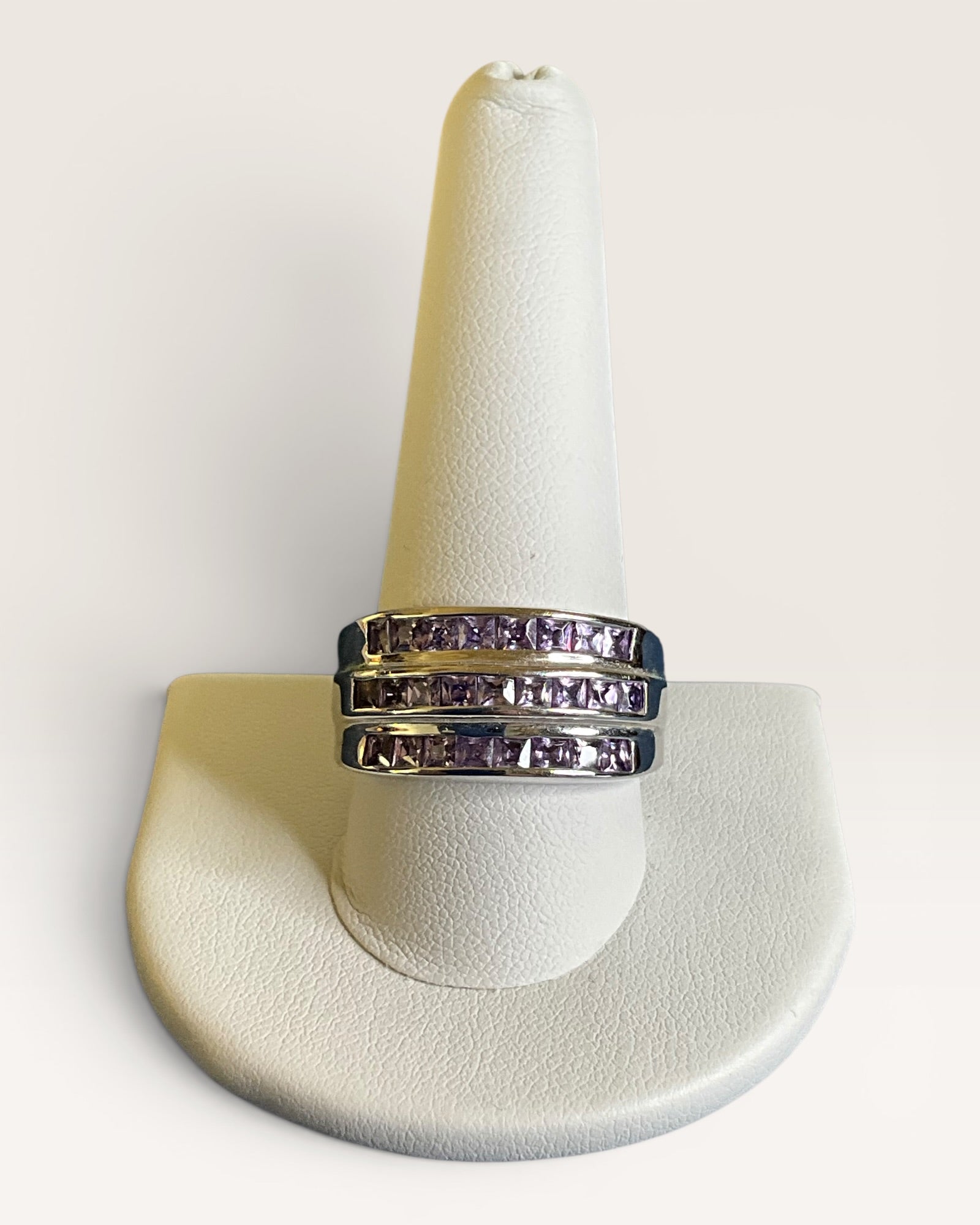 Premier Designs Inc., 3-Row Purple Crystal Rhinestone Silver Tone Ring - Estate Sale (Great Condition)