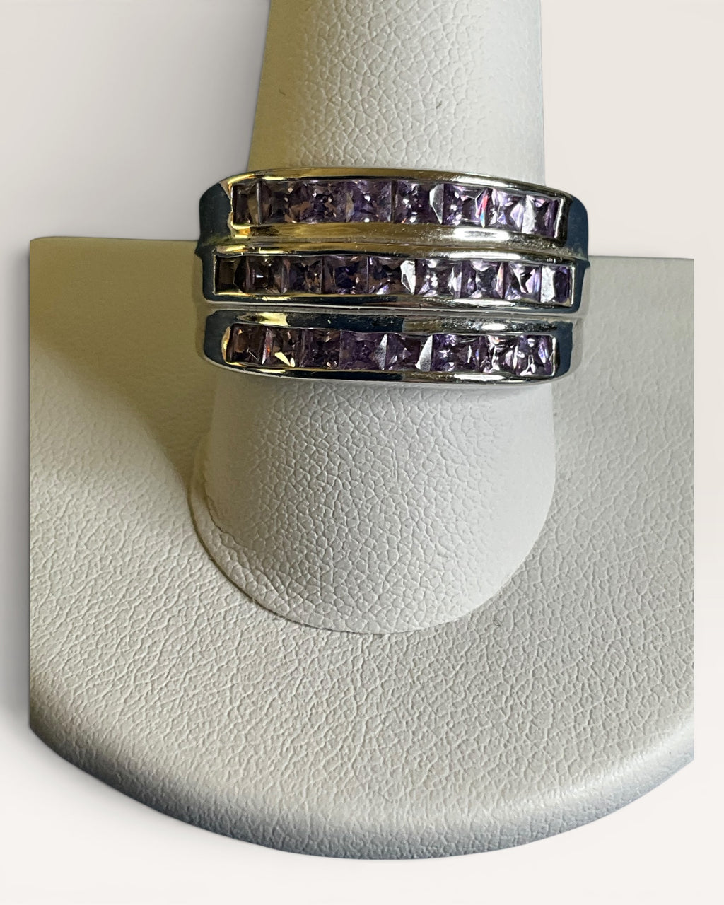 Premier Designs Inc., 3-Row Purple Crystal Rhinestone Silver Tone Ring - Estate Sale (Great Condition)