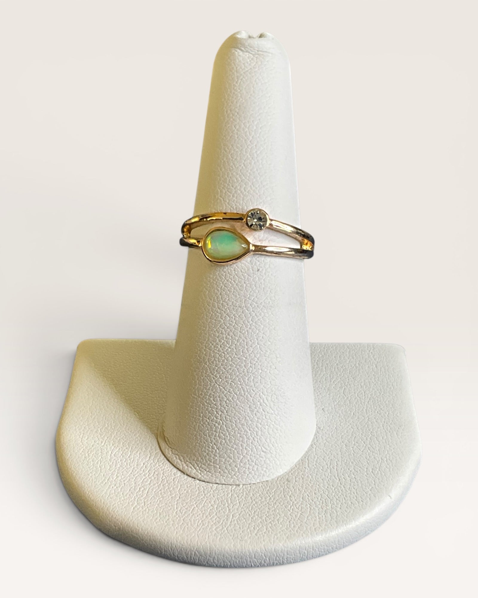 Australian Opal and Cubic Zirconia Gold Tone Split Shank Ring - Estate Sale (Great Condition)