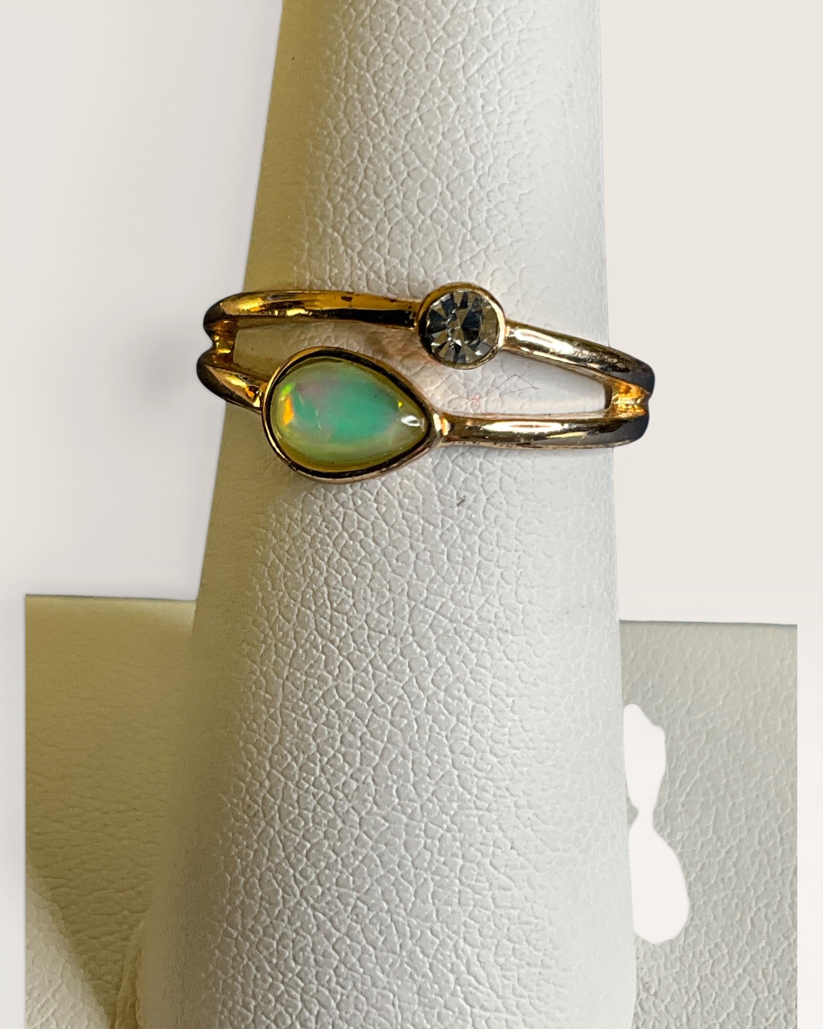 Australian Opal and Cubic Zirconia Gold Tone Split Shank Ring - Estate Sale (Great Condition)