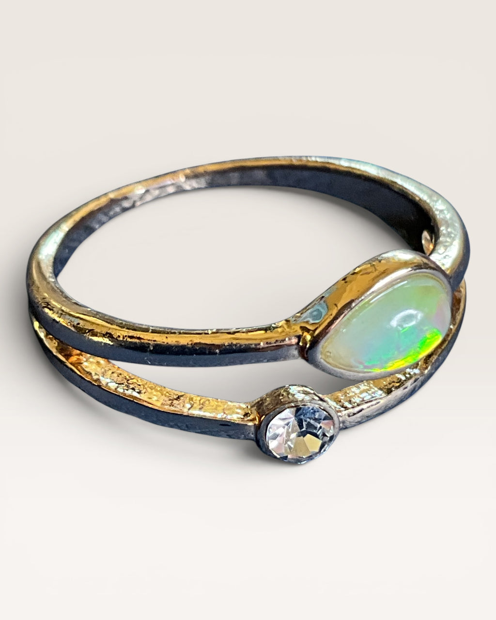 Australian Opal and Cubic Zirconia Gold Tone Split Shank Ring - Estate Sale (Great Condition)
