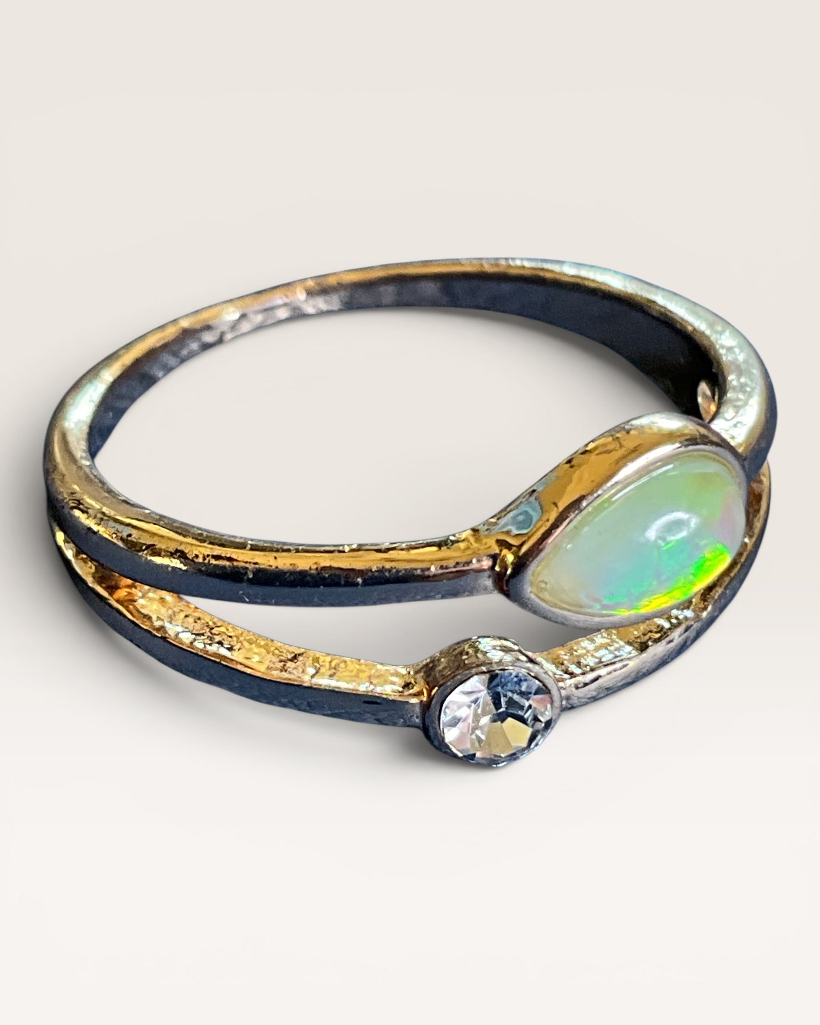 Australian Opal and Cubic Zirconia Gold Tone Split Shank Ring - Estate Sale (Great Condition)